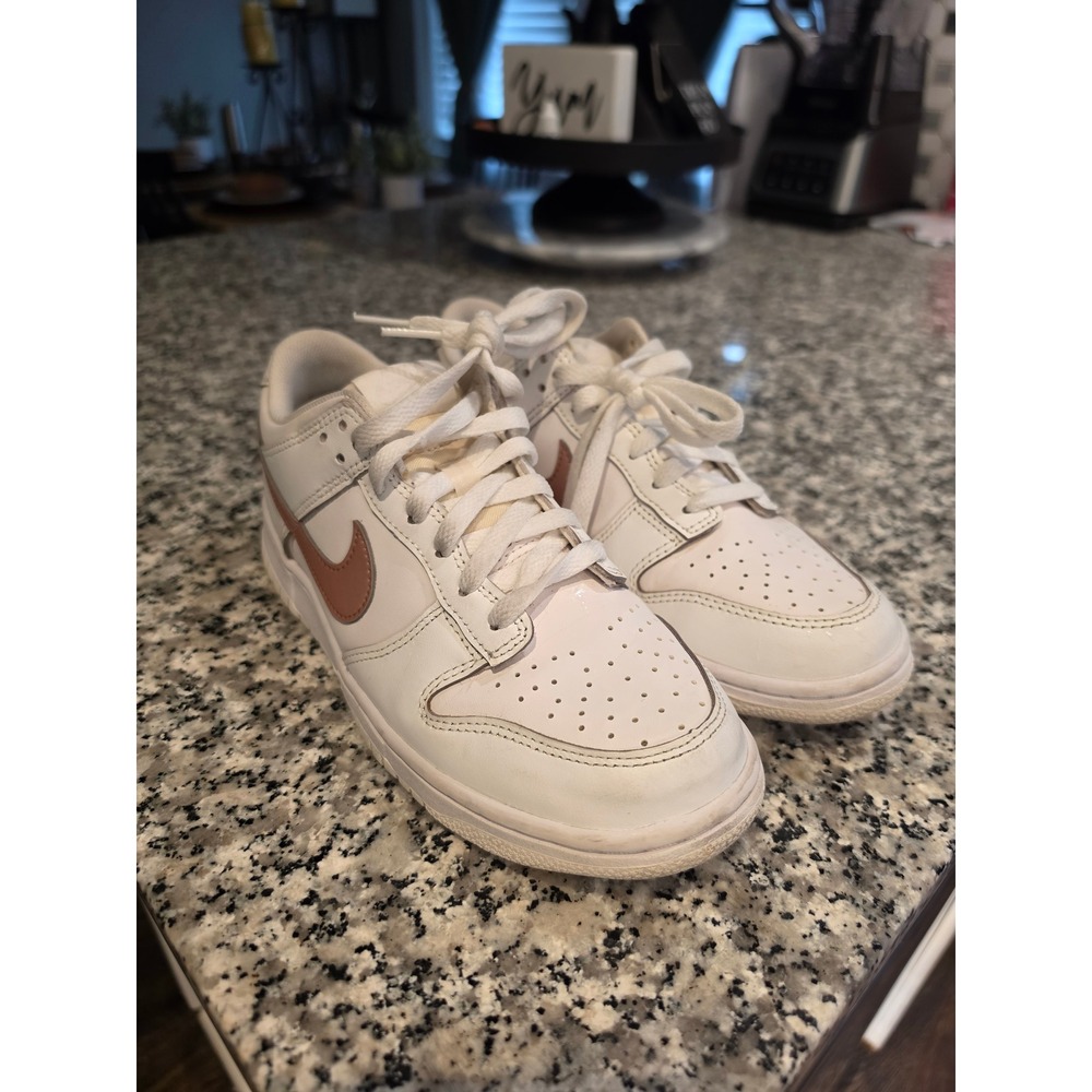 Nike Dunk Low White Rose Gold Copper Swoosh Kids Sneakers 7Y